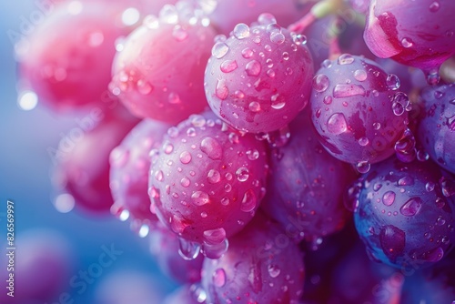 Close-up of a bunch of fresh, dewy red grapes. The vibrant color and water droplets create a refreshing image.