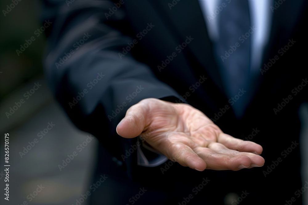A businessman with an open hand, prepared to finalize a deal A businessman with an open hand, prepared to finalize a deal