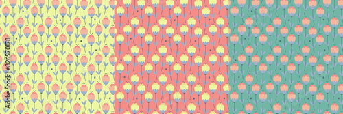 Colorful simple spring tulips field seamless pattern collection. Floral springtime vector with flying bees
