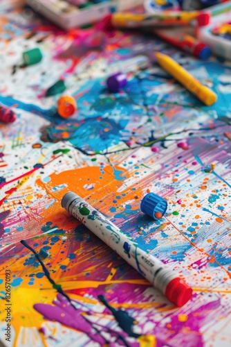 A brightly colored children's table covered in splatters of paint and strewn with crayons, markers, and half-finished drawings.