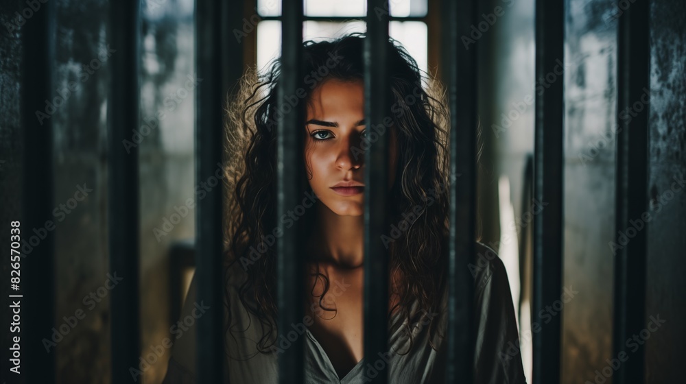 Fototapeta premium A Woman's Glimpse Through Prison Bars, Revealing Isolation and Distress