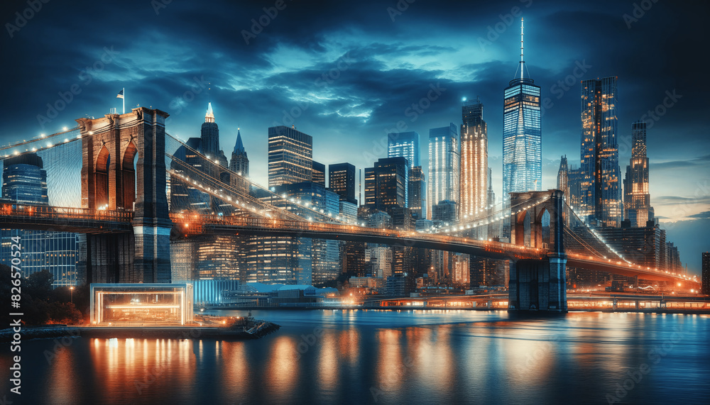 Fototapeta premium A realistic view of the Brooklyn Bridge and Manhattan skyline at dusk with illuminated skyscrapers and the bridge lights reflecting in the water