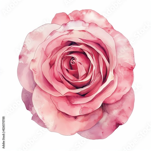 Single pink rose, watercolor style, symmetrically isolated on white, studio lighting, perfectly centered