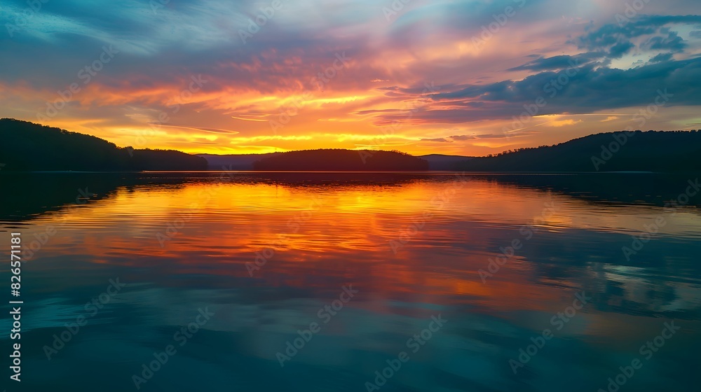 A tranquil scene of a sunset over a calm lake, with vibrant hues reflecting on the water and a silhouette of trees in the distance.