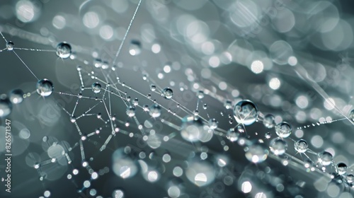Delicate and detailed close up of a wet spider web with morning dew drops