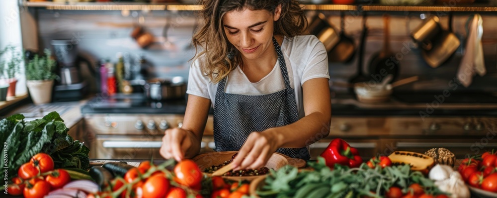 Obraz premium Woman preparing vegetables in a rustic kitchen.