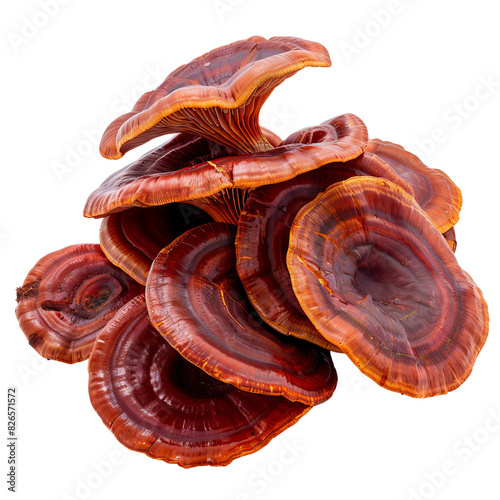 Cluster of Red Reishi Mushrooms with Glossy Surfaces photo