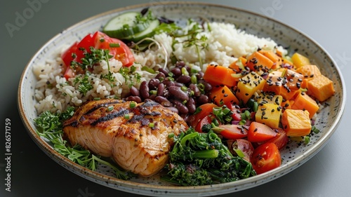 A colorful and healthy meal with grilled salmon, rice, beans, and vegetables.