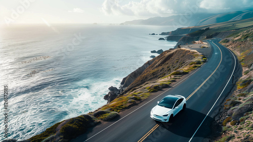 A pristine, hyper-detailed white electric car cruising along a winding coastal road, with the ocean stretching endlessly on one side. Ai generated