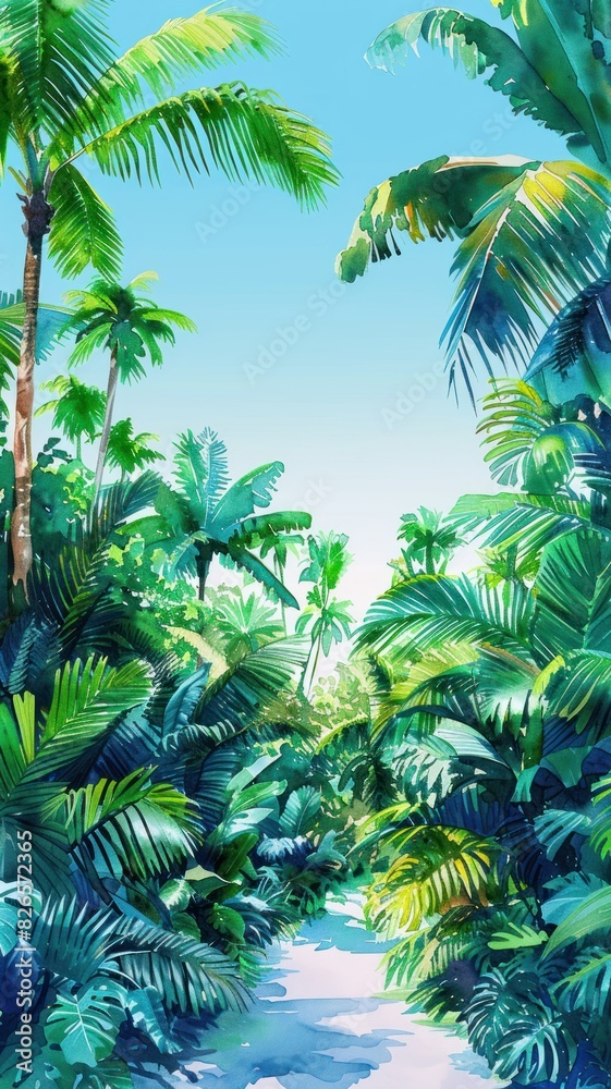 A path through a lush tropical jungle, sunlight filtering through the palm leaves. A path through a lush tropical jungle, sunlight filtering through the palm leaves.
