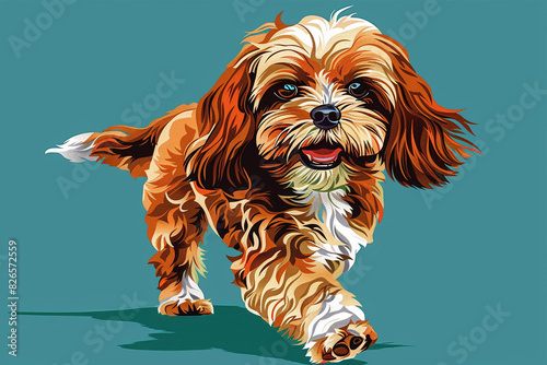 Cute fluffy brown maltipoo puppy running on a blue background. Domestic animal veterinary concept.