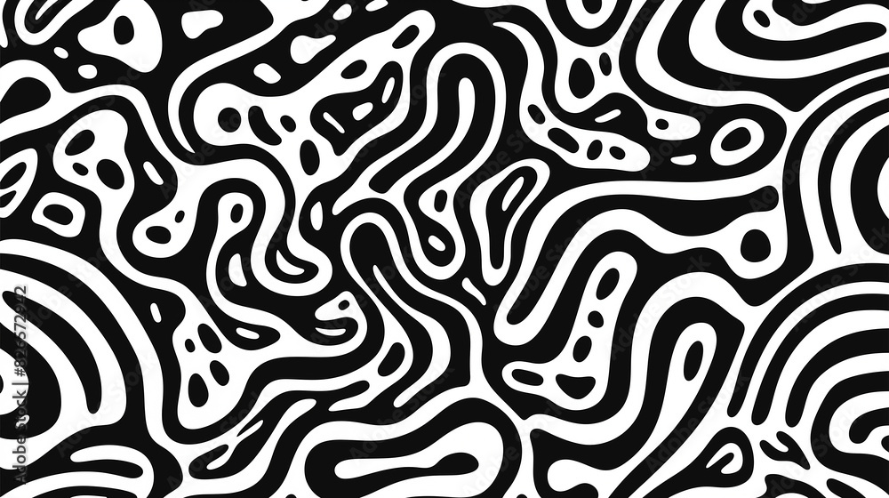 abstract pattern black and white, doodle art style, hand drawn, organic shapes