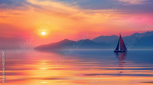 A sailboat floats in the calm waters of the ocean at the golden hour during sunset. Seascape, environment concept. Sailor's Day. Copy space.