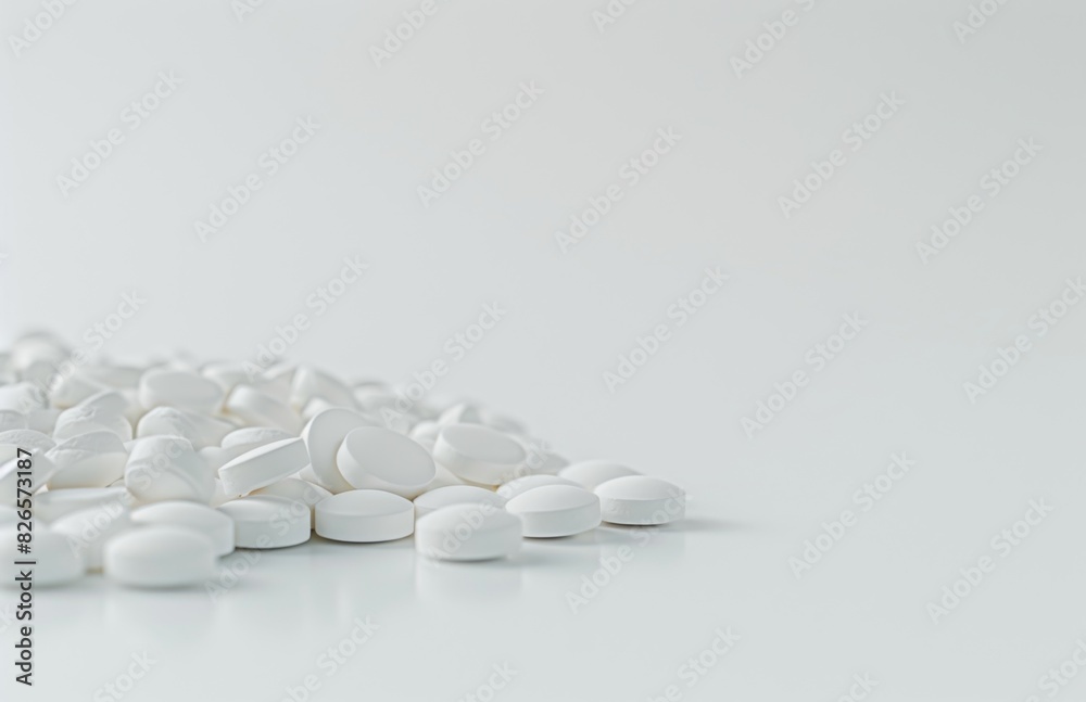 White Pills and Tablets on White Background: Medical Theme with Copy Space White Pills and Tablets on White Background: Medical Theme with Copy Space