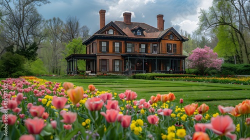 a panoramic view capturing the house amidst a garden bursting with springtime blooms