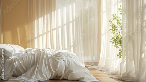 Elegant bedroom interior with white linen bedding and sheer curtains