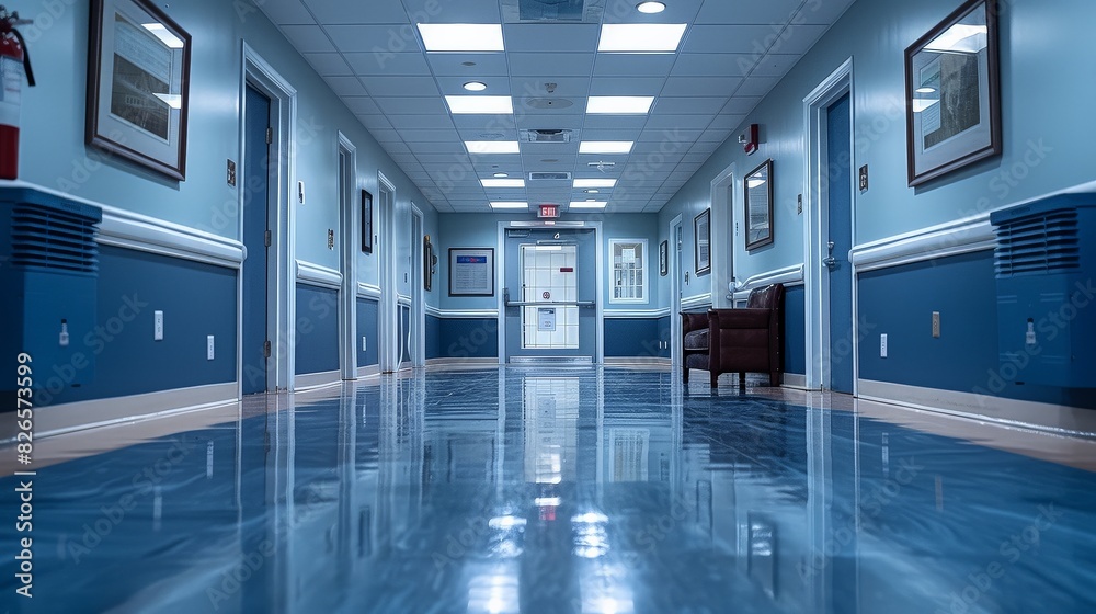 Obraz premium A hallway with blue walls stretches into the distance, featuring a piano in the foreground.