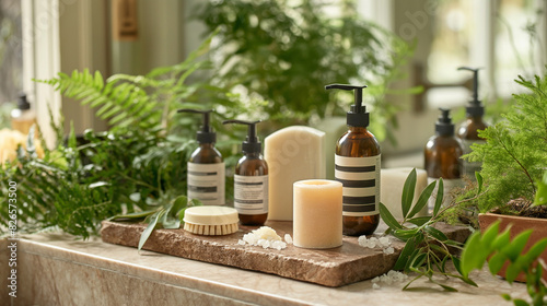 eco-friendly cleaning products from recyclable bottles and natural ingredients in the bathroom against a background of plants.