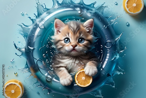 cat in an inflatable ring floats on the sea, top view