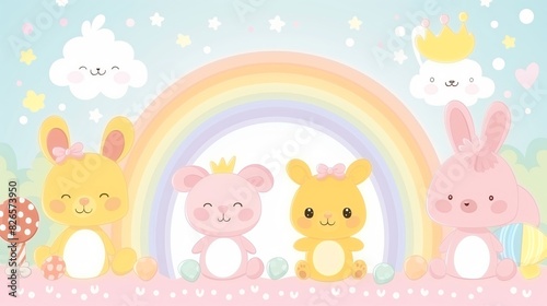 Wallpaper Mural A group of cartoon rabbits are sitting on a rainbow Torontodigital.ca