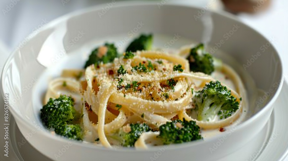 A bowl of pasta with broccoli and parmesan sprinkled with Parmesan cheese A bowl of pasta with broccoli and parmesan sprinkled with Parmesan cheese