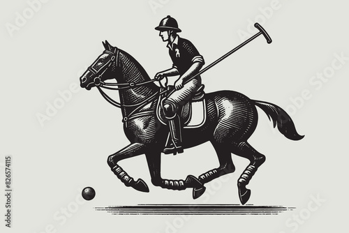 Polo player riding a horse. Vintage vector engraving illustration, emblem. Black contour lines