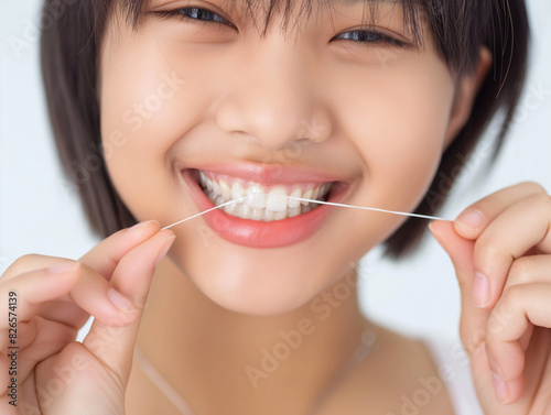 close up of Asian woman's mouth with floss between teeth, white tooth and healthy smile. 