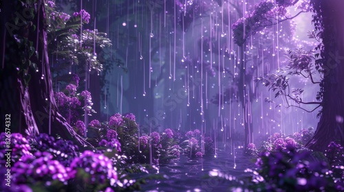 Illustrate a captivating scene of a mystical forest showered in purple rain