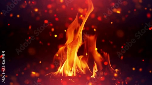 Close up Beautiful burning fire with scattered Sparks on a light-dark background. 3D animation of sparkling fire particles. Splash VFX abstract background. 4K photo