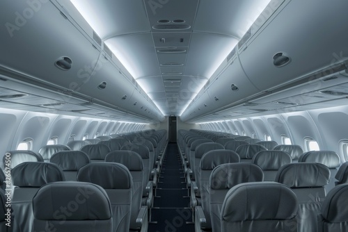 An airplane has numerous empty seats in its aircraft cabin