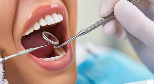 close up of mouth with dental tools using mirror to inspect a healthy smiling patient.