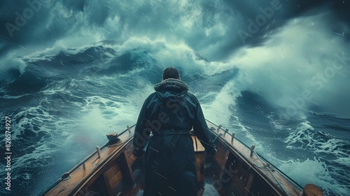 Resilient Captain Steering Ship Through Stormy Seas Depicting Leadership and Determination