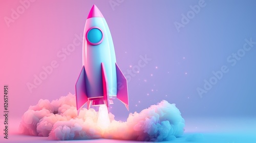 Vibrant launch of a stylized rocket blasting off from a colorful alien landscape, illuminated under a dreamy sky. Generative Ai photo