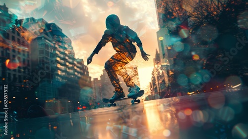 Skateboarder performing tricks in an urban landscape with dynamic lights and city buildings in the background. Generative Ai. photo