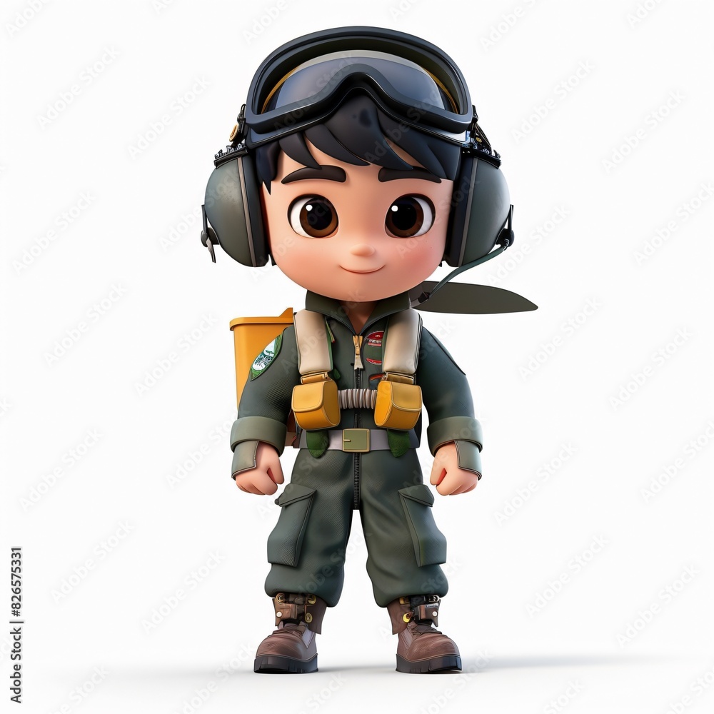 Cute Boy Cartoon in 3D Style Wearing a Fighter Pilot Suit and Pilot Helmet, Isolated on a White Background, Perfect for Aviation-Themed Children's Illustrations and Adventure Stories