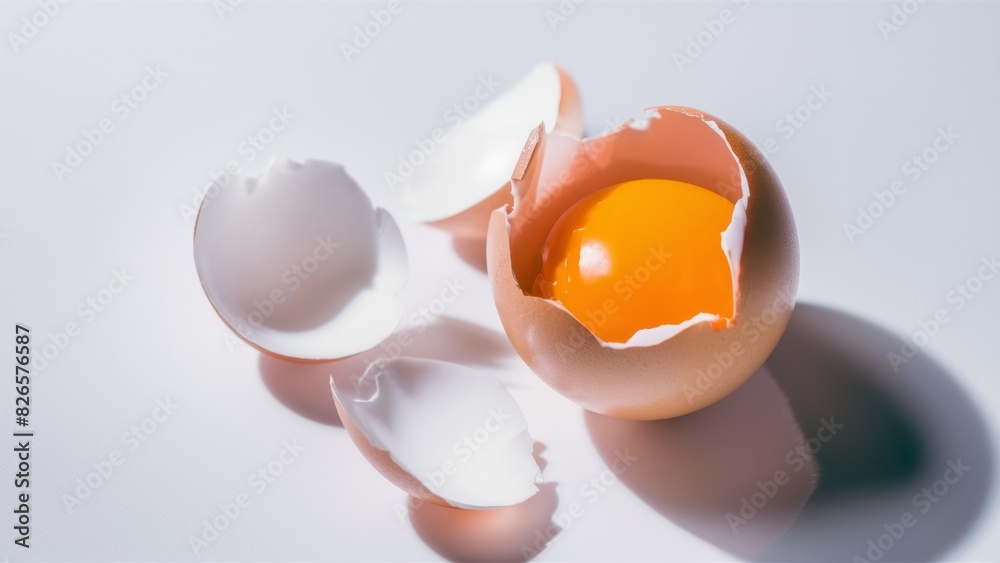 An advertising photo of an opened eggshell, which shows a bright and shiny yellow yolk. An advertising photo of an opened eggshell, which shows a bright and shiny yellow yolk.