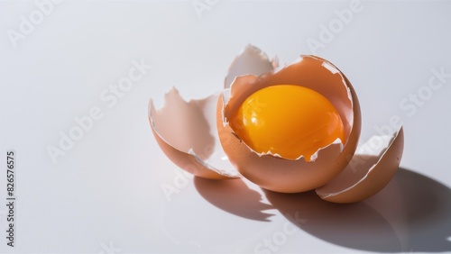 An advertising photo of an opened eggshell, which shows a bright and shiny yellow yolk.