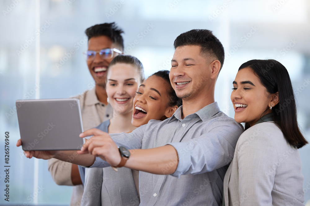 Selfie, tablet and business people in office for profile picture, community or about us. Public relations, diversity and group of employees for company website, online blog post or social media Selfie, tablet and business people in office for profile picture, community or about us. Public relations, diversity and group of employees for company website, online blog post or social media