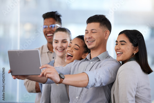Selfie, tablet and business people in office for profile picture, community or about us. Public relations, diversity and group of employees for company website, online blog post or social media