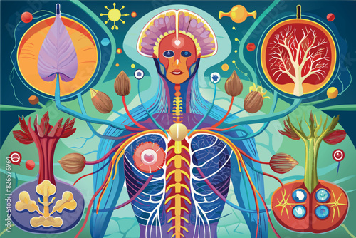 The image represents a human being with an open chest, in which the lungs, trachea and other internal organs are visible. Around this figure are various plant elements such as leaves, seeds and cellul
