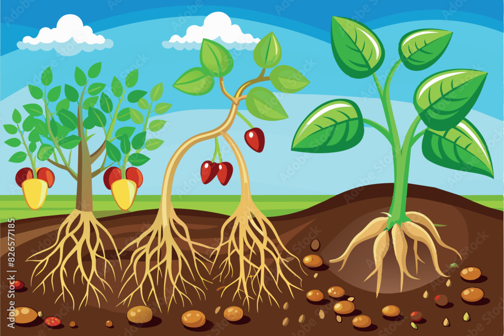 Three stages of plant growth, showing the development from seed to ...
