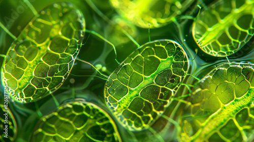 Detailed image of chloroplasts within plant cells, highlighting the green pigment and the process of photosynthesis photo