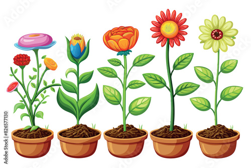  A collection of five different potted plants  each in different stages of growth and flowering.
