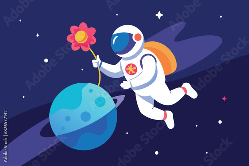  Stylized astronaut in white space suit holding a pink flower. He is floating in space with a large planet and stars in the background. The scene is played out against a dark blue background