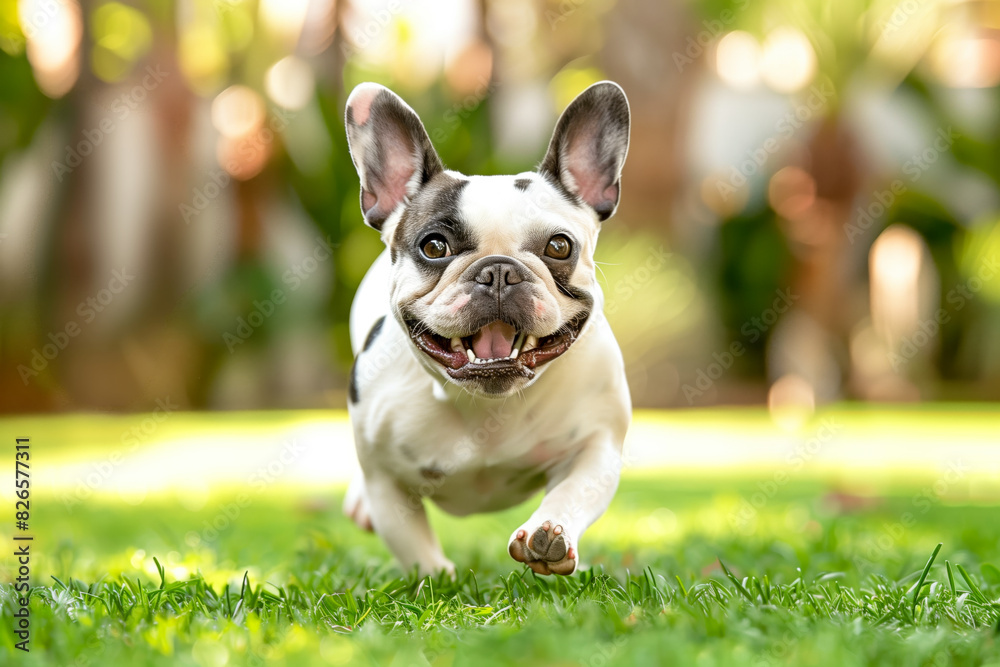 French Bulldog Running toward Camera on Grass Lawn Park on a Sunny Day French Bulldog Running toward Camera on Grass Lawn Park on a Sunny Day