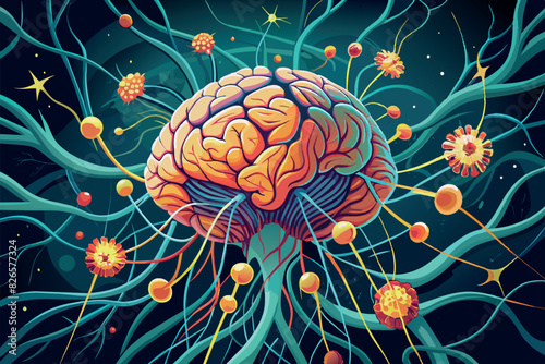 The human brain with its surrounding neurons and synapses. It is depicted in the center with complex folds and furrows highlighted in warm colors on a dark background. 