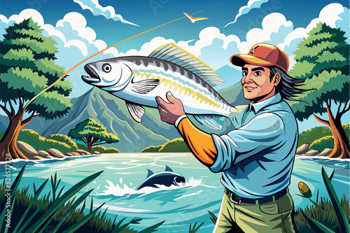 a man fishing in a river, with a mountain in the background. The fisherman, has caught a large fish that jumps out of the water.