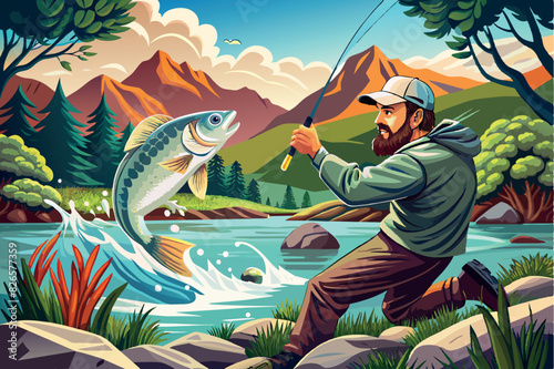 a man fishing in a river, with a mountain in the background. The fisherman, has caught a large fish that jumps out of the water.