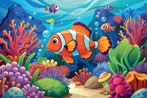 A picturesque underwater scene with a variety of marine life and flora. The focal point is a large, brightly colored clownfish with prominent white stripes 
