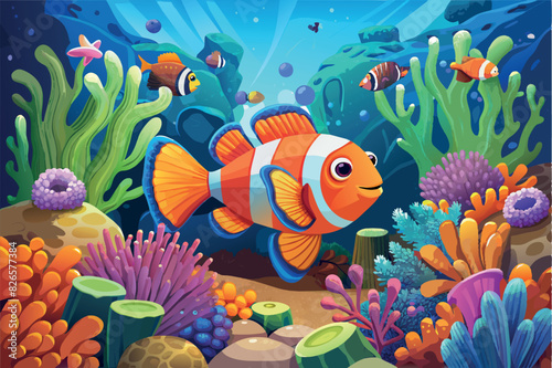 A picturesque underwater scene with a variety of marine life and flora. The focal point is a large, brightly colored clownfish with prominent white stripes 